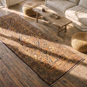 Fine Weave Blue Antique Persian Tabriz Hallway Runner Rug (SKU 20967) - styled overhead view