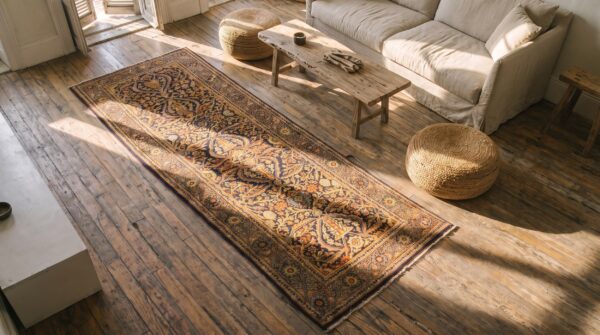 Fine weave blue antique persian tabriz hallway runner rug 2 Fine weave blue antique persian tabriz hallway runner rug (sku 20967) - styled overhead view