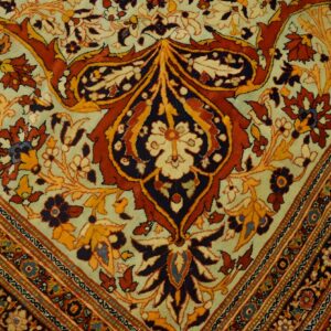 Fine Weave Classic Floral Medallion Coral Antique Persian Room Size Haji Jalili Tabriz Rug (SKU 24407) - styled overhead view