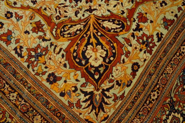 Fine weave classic floral medallion coral antique persian room size haji jalili tabriz rug (sku 24407) - styled overhead view