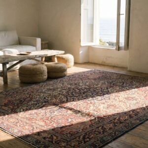 Fine Weave Coral Floral Medallion Design Antique Room Size Persian Lavar Kerman Rug (SKU 17542) - room view