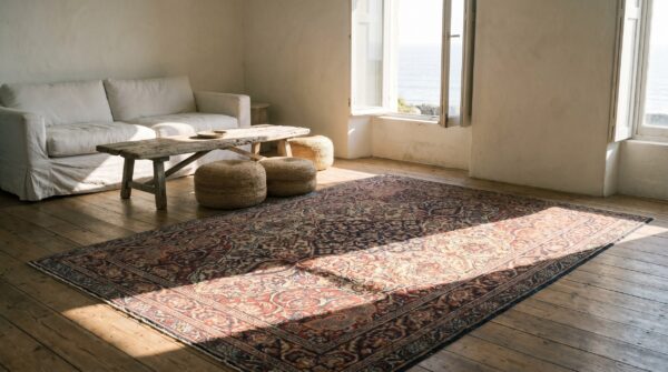 Fine weave coral floral medallion design antique room size persian lavar kerman rug 11 Fine weave coral floral medallion design antique room size persian lavar kerman rug (sku 17542) - room view