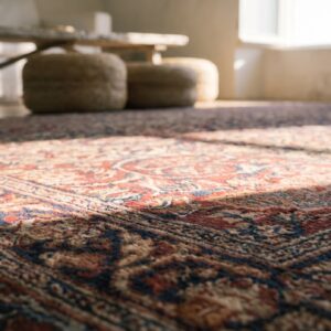 Fine Weave Coral Floral Medallion Design Antique Room Size Persian Lavar Kerman Rug (SKU 17542) - in-room detail