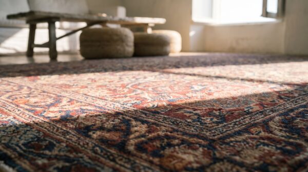Fine weave coral floral medallion design antique room size persian lavar kerman rug 12 Fine weave coral floral medallion design antique room size persian lavar kerman rug (sku 17542) - in-room detail