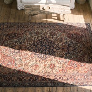 Fine Weave Coral Floral Medallion Design Antique Room Size Persian Lavar Kerman Rug (SKU 17542) - styled overhead view