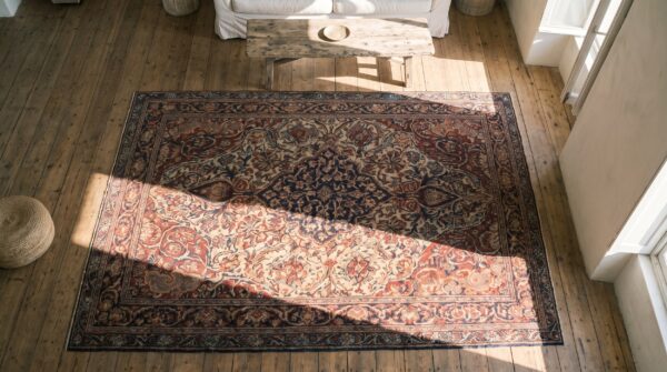 Fine weave coral floral medallion design antique room size persian lavar kerman rug 2 Fine weave coral floral medallion design antique room size persian lavar kerman rug (sku 17542) - styled overhead view