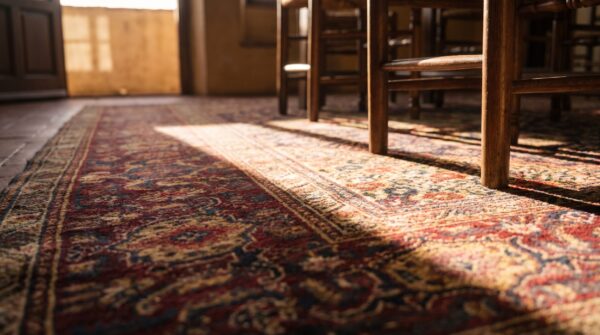 Fine weave antique floral medallion design persian farahan rug 4 Fine weave antique floral medallion design persian farahan rug (sku 21375) - in-room detail