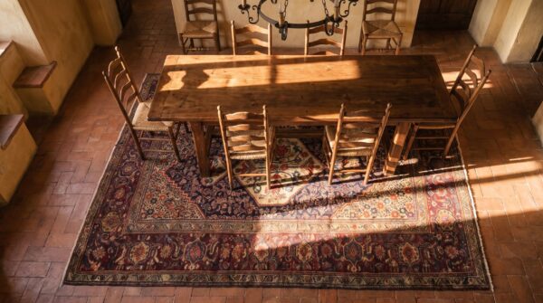 Fine weave antique floral medallion design persian farahan rug 2 Fine weave antique floral medallion design persian farahan rug (sku 21375) - styled overhead view