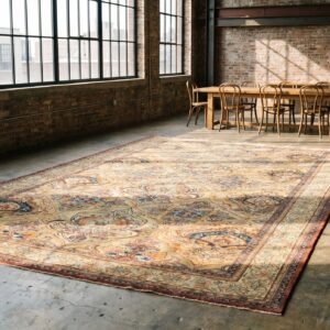 Fine Weave Floral Shield Pattern Antique Ivory Persian Room Size Lavar Kerman Rug (SKU 18149) - room view