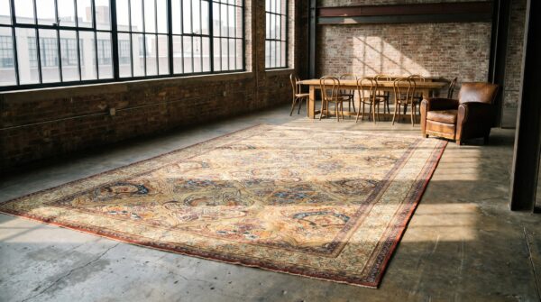 Fine weave floral shield pattern antique ivory persian room size lavar kerman rug (sku 18149) - room view