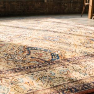 Fine Weave Floral Shield Pattern Antique Ivory Persian Room Size Lavar Kerman Rug (SKU 18149) - in-room detail