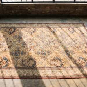 Fine Weave Floral Shield Pattern Antique Ivory Persian Room Size Lavar Kerman Rug (SKU 18149) - styled overhead view