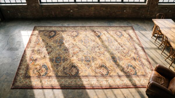 Fine weave floral shield pattern antique ivory persian room size lavar kerman rug (sku 18149) - styled overhead view