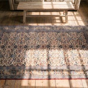 Fine Weave Intricate Floral Pattern Antique Ivory Persian Nain Rug (SKU 22155) - styled overhead view