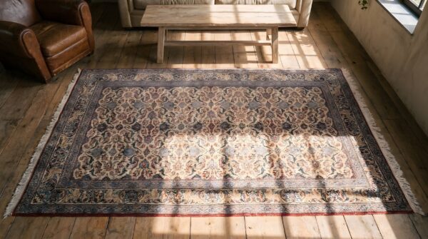 Fine weave intricate floral pattern antique ivory persian nain rug 2 Fine weave intricate floral pattern antique ivory persian nain rug (sku 22155) - styled overhead view
