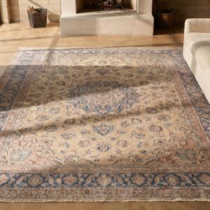 Fine Weave Intricate Floral Pattern Antique Oversized Persian Kerman Rug (SKU 19878) - styled overhead view
