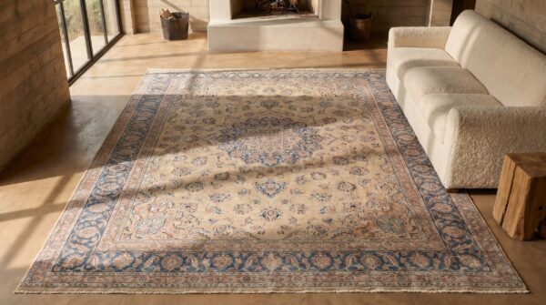 Fine weave intricate floral pattern antique oversized persian kerman rug 2 Fine weave intricate floral pattern antique oversized persian kerman rug (sku 19878) - styled overhead view