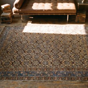 Fine Weave Antique Ivory Persian Tabriz Small Scatter Size Wool Pile Rug (SKU 19410) - styled overhead view