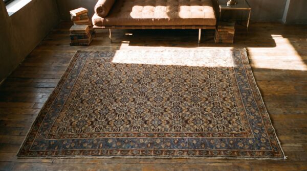 Fine weave antique ivory persian tabriz small scatter size wool pile rug 2 Fine weave antique ivory persian tabriz small scatter size wool pile rug (sku 19410) - styled overhead view