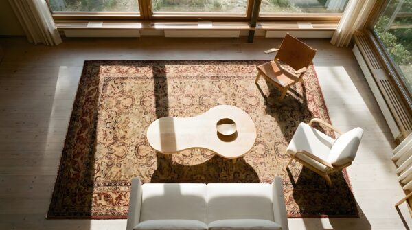 Fine weave light color antique floral large oversized persian kerman carpet 2 Fine weave light color antique floral large oversized persian kerman carpet (sku 23799) - styled overhead view
