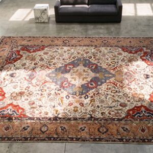 Fine Weave Light Color Antique Persian Room Size Silk Tabriz Rug (SKU 21764) - styled overhead view