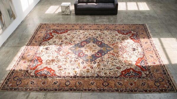 Fine weave light color antique persian room size silk tabriz rug (sku 21764) - styled overhead view