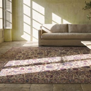 Fine Weave Light Ivory Color Antique Floral Design Silk Persian Kashan Rug (SKU 18833) - room view