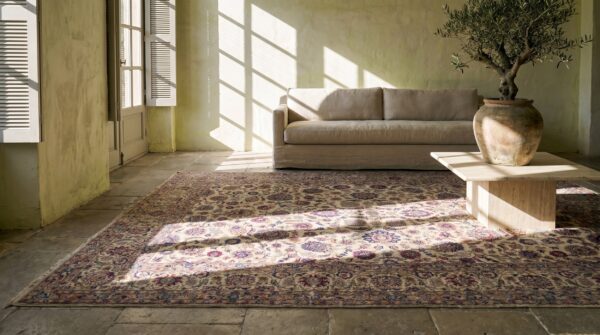 Fine weave light ivory color antique floral design silk persian kashan rug 8 Fine weave light ivory color antique floral design silk persian kashan rug (sku 18833) - room view