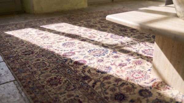Fine weave light ivory color antique floral design silk persian kashan rug 9 Fine weave light ivory color antique floral design silk persian kashan rug (sku 18833) - in-room detail