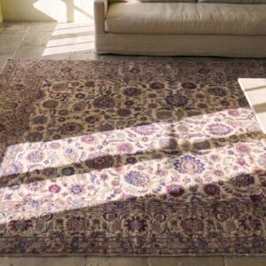 Fine Weave Light Ivory Color Antique Floral Design Silk Persian Kashan Rug (SKU 18833) - styled overhead view