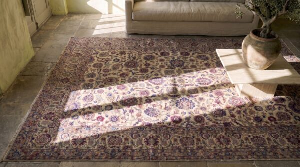 Fine weave light ivory color antique floral design silk persian kashan rug 2 Fine weave light ivory color antique floral design silk persian kashan rug (sku 18833) - styled overhead view
