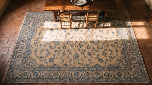 Fine weave oversized antique light color floral persian tabriz wool pile rug 2 Fine weave oversized antique light color floral persian tabriz wool pile rug (sku 20852) - styled overhead view