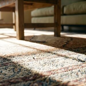 Fine Weave Small Scatter Size Antique Coral Floral Medallion Persian Tabriz Rug (SKU 25215) - in-room detail