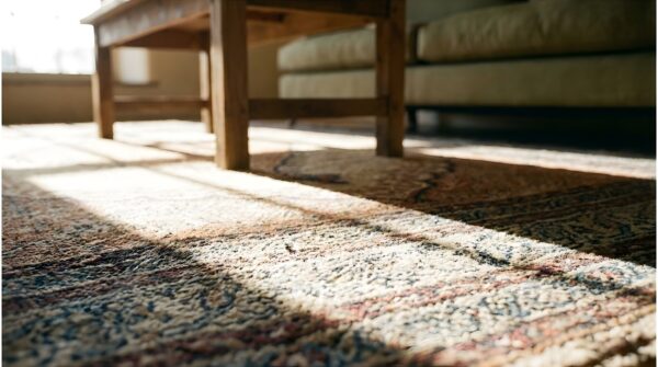 Fine weave small scatter size antique coral floral medallion persian tabriz rug 10 Fine weave small scatter size antique coral floral medallion persian tabriz rug (sku 25215) - in-room detail
