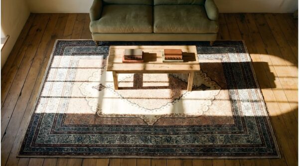 Fine weave small scatter size antique coral floral medallion persian tabriz rug 2 Fine weave small scatter size antique coral floral medallion persian tabriz rug (sku 25215) - styled overhead view