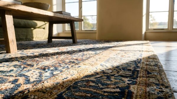 Fine weave antique small scatter size floral pattern blue persian iranian nain rug 10 Fine weave antique small scatter size floral pattern blue persian iranian nain rug (sku 25571) - in-room detail