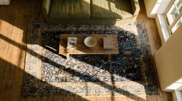 Fine weave antique small scatter size floral pattern blue persian iranian nain rug 2 Fine weave antique small scatter size floral pattern blue persian iranian nain rug (sku 25571) - styled overhead view