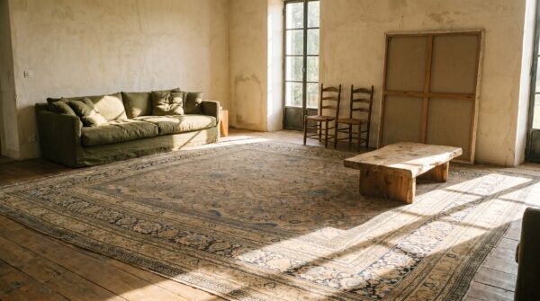 Fine weave antique taupe and blue huge oversized persian moud khorassan carpet (sku 18547) - room view