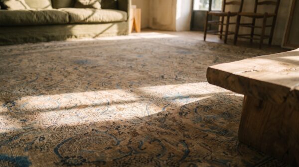 Fine weave antique taupe and blue huge oversized persian moud khorassan carpet (sku 18547) - in-room detail