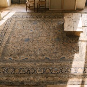 Fine Weave Antique Taupe and Blue Huge Oversized Persian Moud Khorassan Carpet (SKU 18547) - styled overhead view