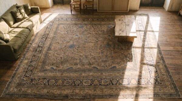 Fine weave antique taupe and blue huge oversized persian moud khorassan carpet (sku 18547) - styled overhead view