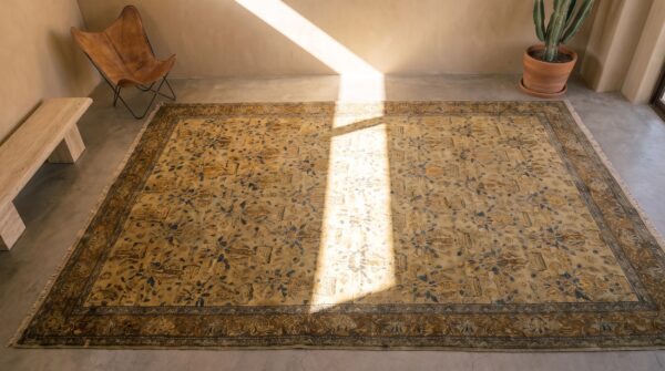 Fine antique yellow persian kerman large oversized carpet 2 Fine antique yellow persian kerman large oversized carpet (sku 20198) - styled overhead view