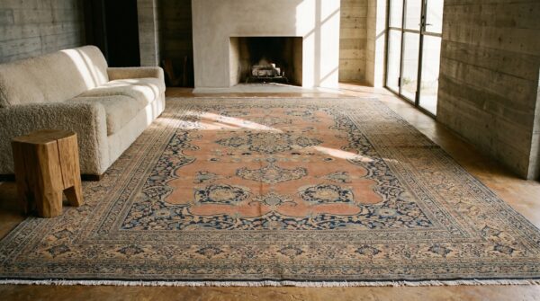 Finely woven room size antique 19th century coral persian floral tabriz rug (sku 18562) - room view