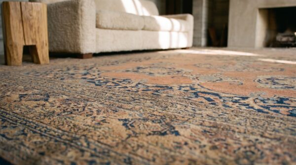 Finely woven room size antique 19th century coral persian floral tabriz rug (sku 18562) - in-room detail