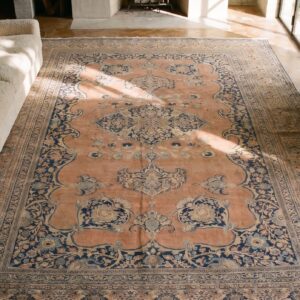 Finely Woven Room Size Antique 19th Century Coral Persian Floral Tabriz Rug (SKU 18562) - styled overhead view