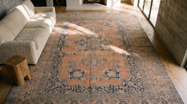Finely woven room size antique 19th century coral persian floral tabriz rug (sku 18562) - styled overhead view