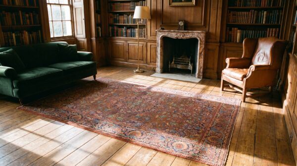 Finely woven small antique floral medallion pattern persian kashan rug 9 Finely woven small antique floral medallion pattern persian kashan rug (sku 20214) - room view