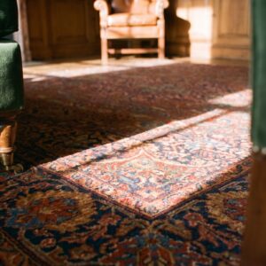 Finely Woven Small Antique Floral Medallion Pattern Persian Kashan Rug (SKU 20214) - in-room detail