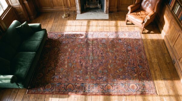 Finely woven small antique floral medallion pattern persian kashan rug 2 Finely woven small antique floral medallion pattern persian kashan rug (sku 20214) - styled overhead view
