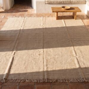 Flat Woven Kilim Ivory Beige Cream White Hand Knotted Pile 1940s Antique Wool Allover Geometric Rug (SKU 19537) - styled overhead view